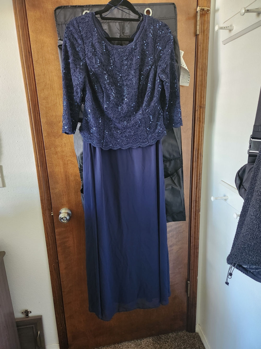 Alex Evenings Navy Sequined Lace & Chiffon Evening Gown - Picture 2 of 9